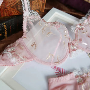 Exquisite Embroidery Lotus Pink Ultra-thin Sexy Large Size Underwear Ladies Lace Transparent Comfortable Women Bra