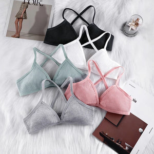 Comfort Cotton Women Bra Thin Sport Style Unlined Bralette Sexy Deep V Triangle Cup Cross Beauty Back Bra