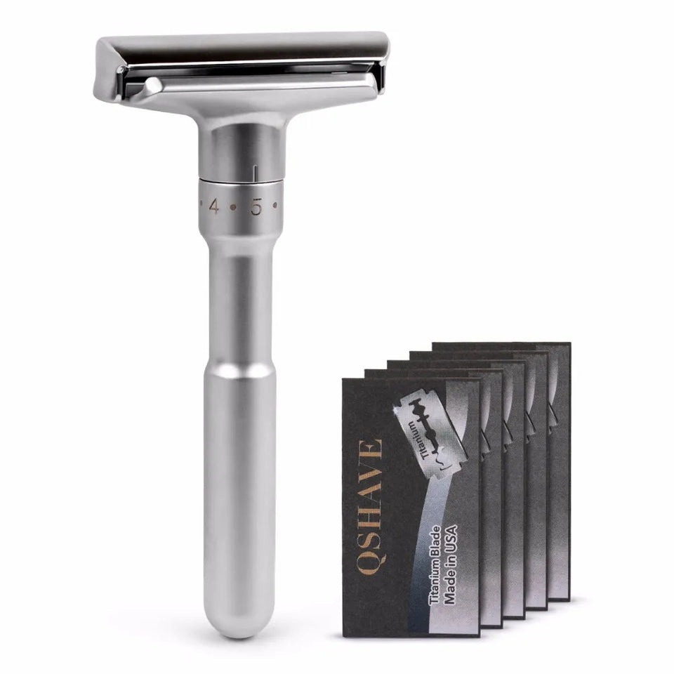 QSHAVE Adjustable Safety Razor Double Edge Classic Mens Shaving Mild to Aggressive 1-6 File Hair Removal Shaver it with 5 Blades