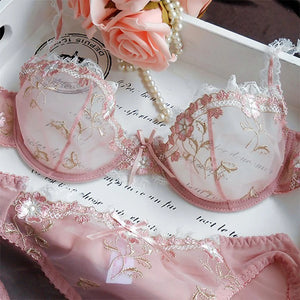 Exquisite Embroidery Lotus Pink Ultra-thin Sexy Large Size Underwear Ladies Lace Transparent Comfortable Women Bra