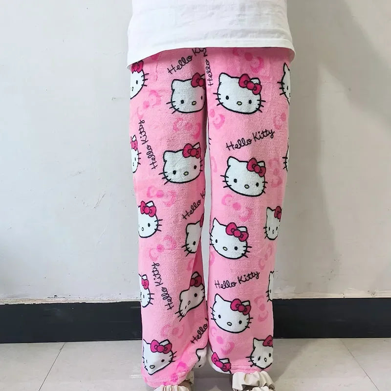 Anime Sanrio Hello Kitty Y2k Sanrio Pajamas Pants  Women Pjs  Halloween Household Dress Kawaii Woolen  Cartoon Casual Home Pants