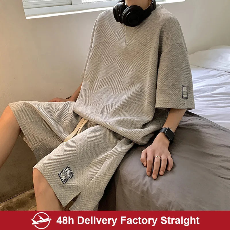 2023 Summer Men's Tracksuit Waffle Fabric Breathable Casual T-Shirt and Shorts  Fashion Half  Sleeve Two Piece Set for Unisex