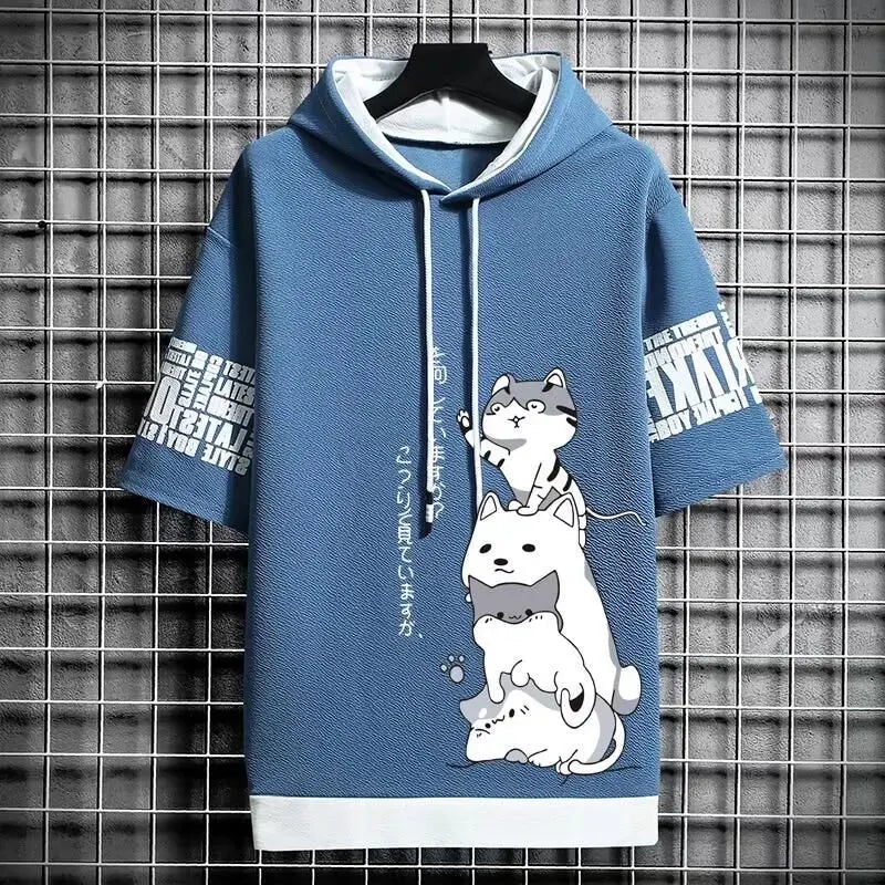 Japan Fashion Men's Hoodies Summer Men Clothing Cartoon Casual Harajuku Streetwear Print Hooded Top Short Sleeve Sweatshirts Men