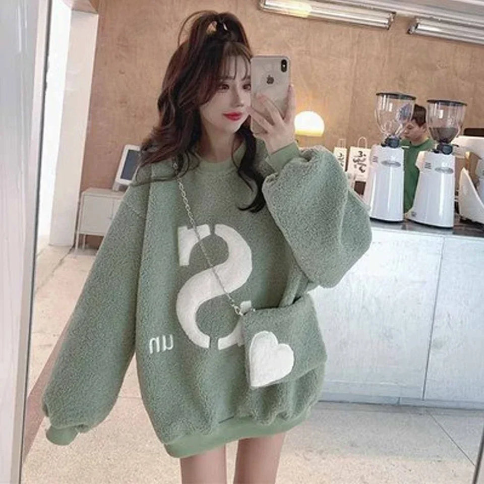 Women Lamb Hoodies with Bag Lady Letter Sweatshirt Femal Loose Outerwear Long Pullover 2023 Spring Fall Winter Warm Clothing