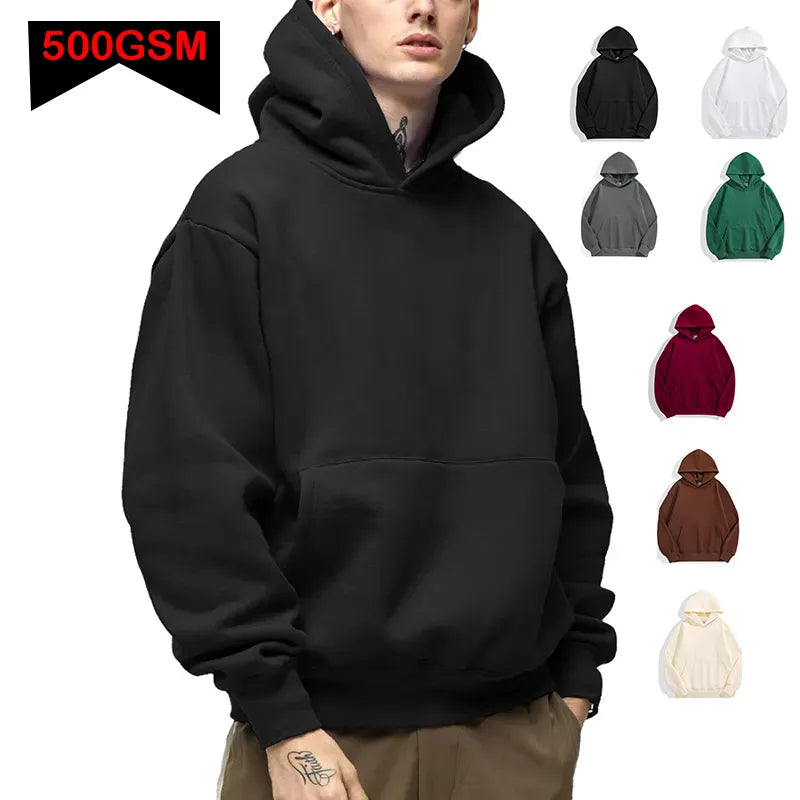 500GSM Heavy Weight Fashion Men's Hoodies New Autumn Winter Casual Thick Cotton Men's Top Solid Color Hoodies Sweatshirt Male