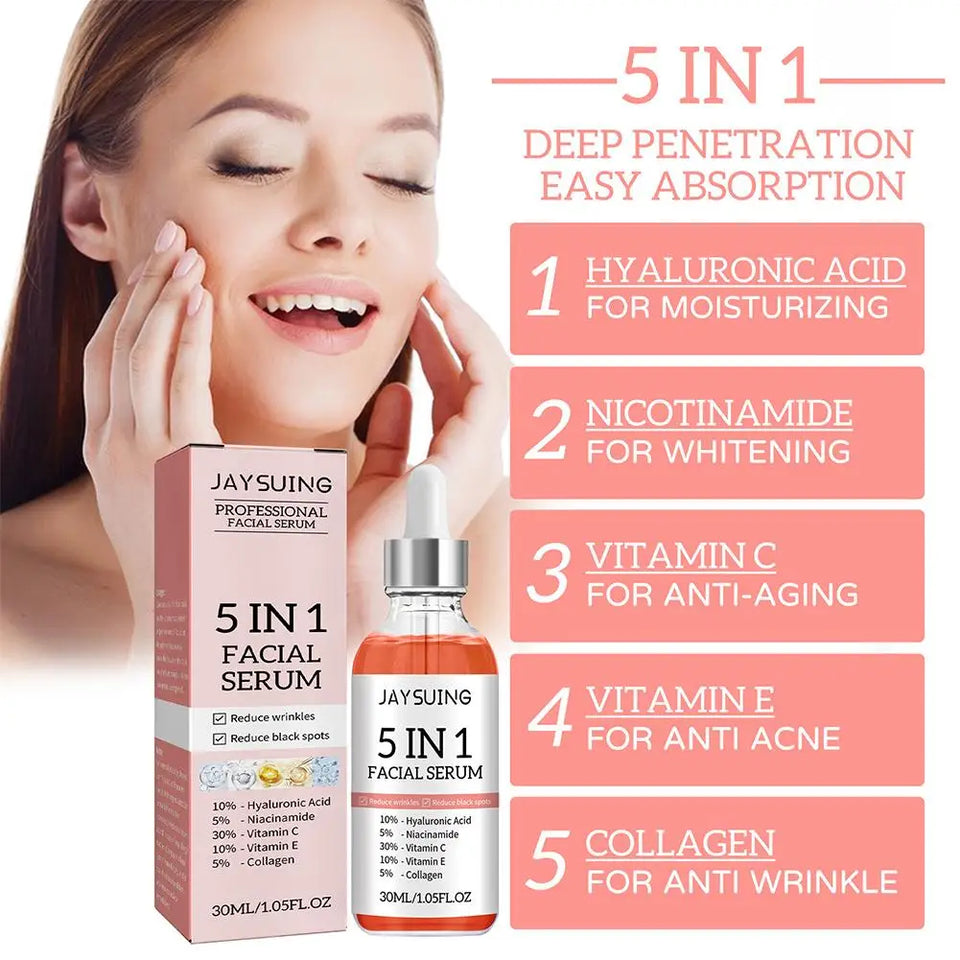 5 In 1 Face Serum Moisturizing Whitening Anti Wrinkle Aging Vitamin C Hyaluronic Acid Facial Serum Shrink Pores Skin Care 30ml