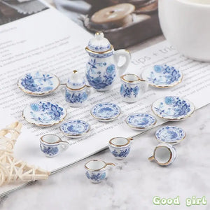 15Pcs 1:12 Miniature Porcelain Tea Cup Set  Flower Tableware Kitchen Dollhouse Furniture Toys For Children Tea Cups Dollhouse