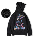 High Street Graffiti Bear Print Men's Fleece Hoodie Retro Autumn Casual Pullover Hooded Sweatshirts Hip Hop Y2K Hoodies Clothes