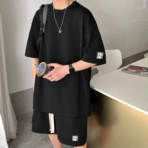 2023 Summer Men's Tracksuit Waffle Fabric Breathable Casual T-Shirt and Shorts  Fashion Half  Sleeve Two Piece Set for Unisex