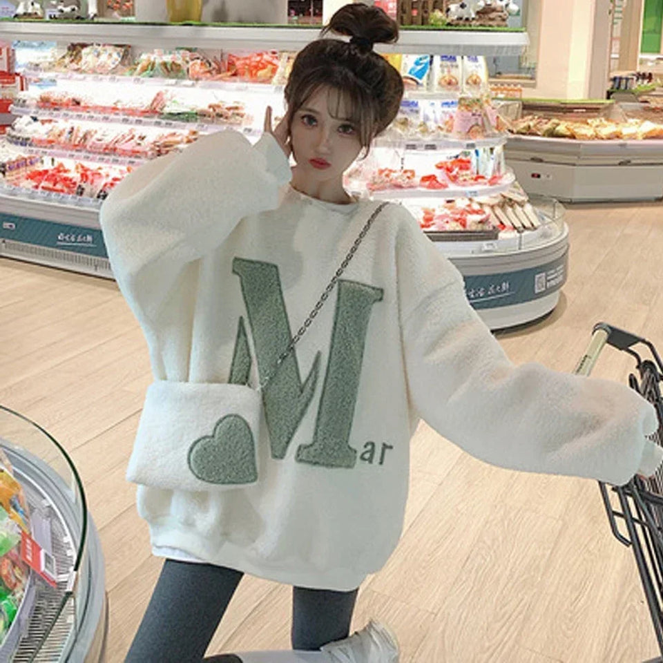 Women Lamb Hoodies with Bag Lady Letter Sweatshirt Femal Loose Outerwear Long Pullover 2023 Spring Fall Winter Warm Clothing