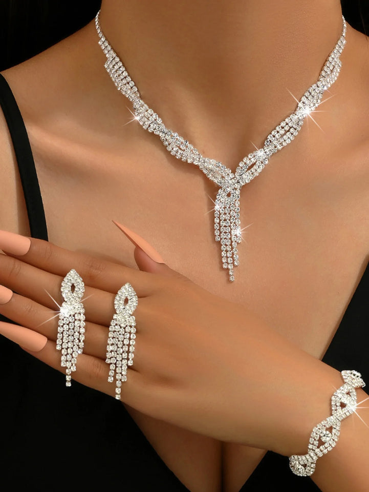 4pcs women's jewelry set with rhinestone inlaid necklaces, earrings, bracelets, wedding accessories