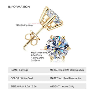 0.5-2ct Moissanite Diamond Stud Earrings 18K Yellow Gold Plated 925 Silver Wedding Earring for Women Men Luxury Jewelry with GRA