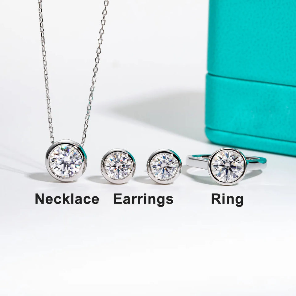 AnuJewel D Color Moissanite Bezel Stud Earrings 18K Gold Plated Pendant Necklace 925 Sterling Silver Jewelry Set Customs Jewelry