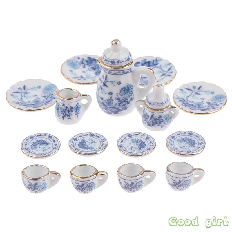 15Pcs 1:12 Miniature Porcelain Tea Cup Set  Flower Tableware Kitchen Dollhouse Furniture Toys For Children Tea Cups Dollhouse