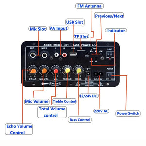 220V 12V Digital Bluetooth Amplifier Board Subwoofer Dual Microphone Karaoke Amp Speaker Home Theater DIY Rechargable Version