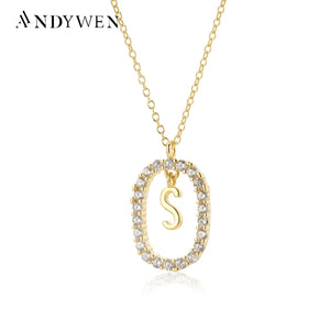 ANDYWEN 925 Sterling Silver Gold Initial Letters S K Pendant Alphabet Necklace 2021 Women Fine Jewelry Fashion Crystal