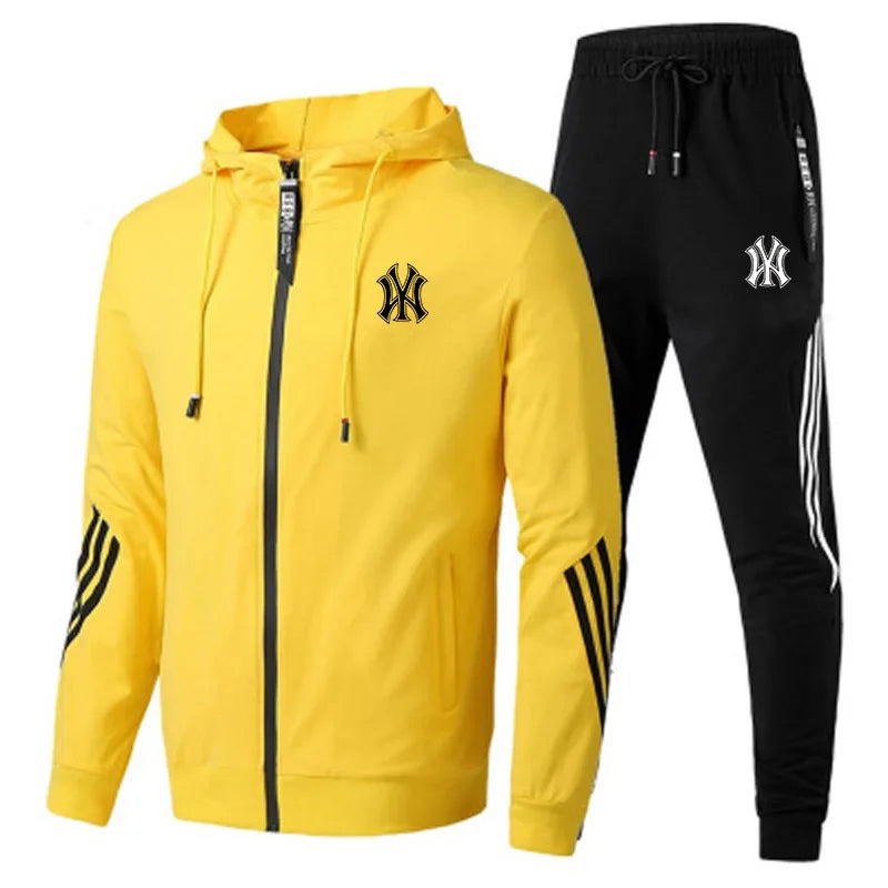 Fashion Tracksuit Men Suit Autumn New Zipper Cardigan Jacket+Sweatpants Stripe Running Fitness Basketball Jogging 2 Piece Set