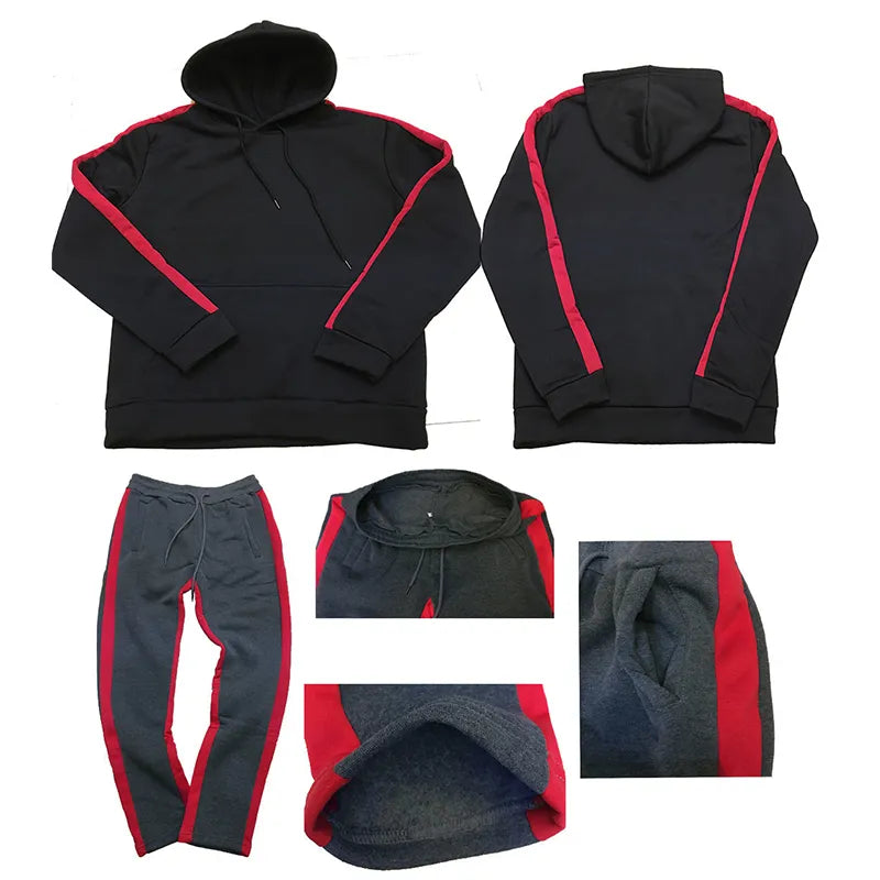 2023 New Men's Casual Panel Thin Plush Hooded Sweater Set Shoulder Down Fashionable Sports Tracksuit 2 Pieces Pullover for Male