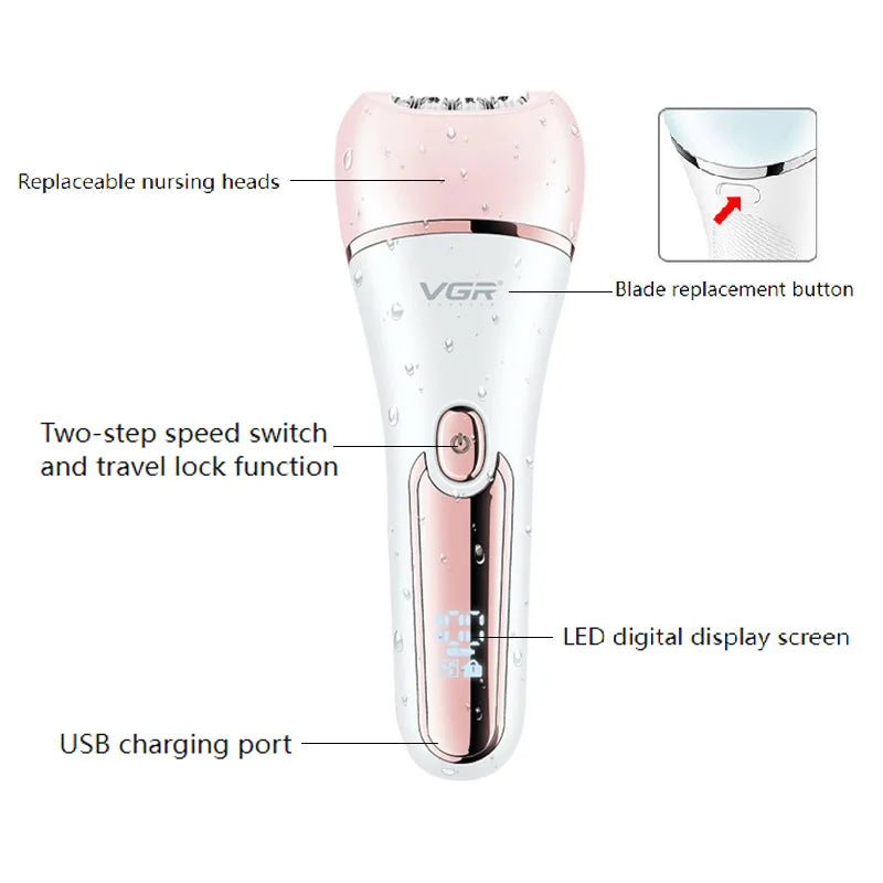 Original VGR  Electric Women Epilator Female Shaver Leg Body Hair Removal Lip Chin Depilatory Lady Bikini Trimmer Facial Hair Re