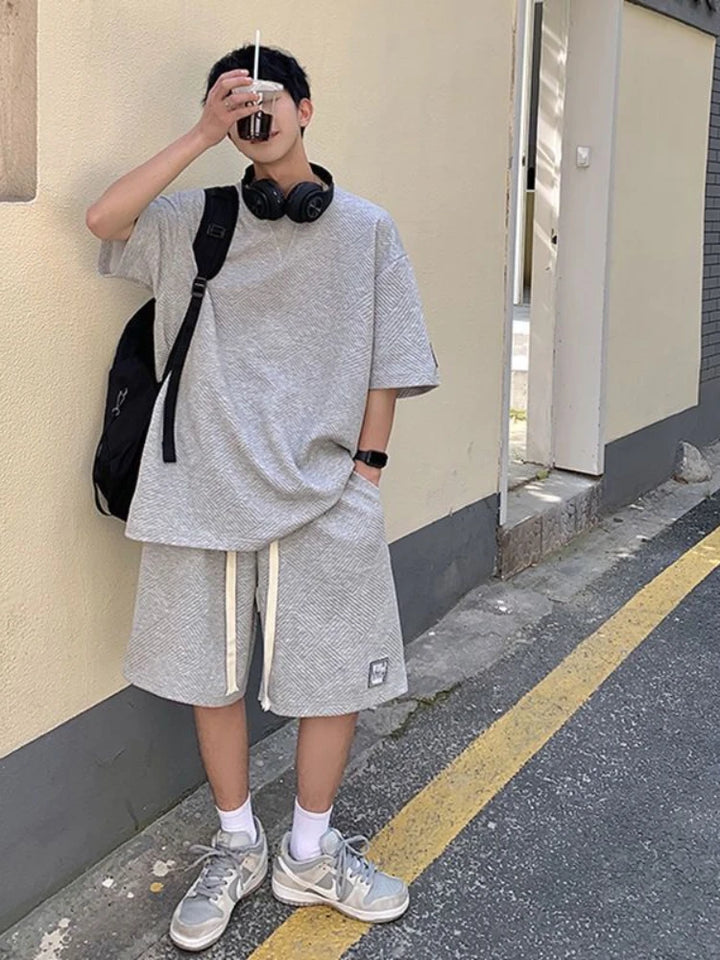 2023 Summer Men's Tracksuit Waffle Fabric Breathable Casual T-Shirt and Shorts  Fashion Half  Sleeve Two Piece Set for Unisex